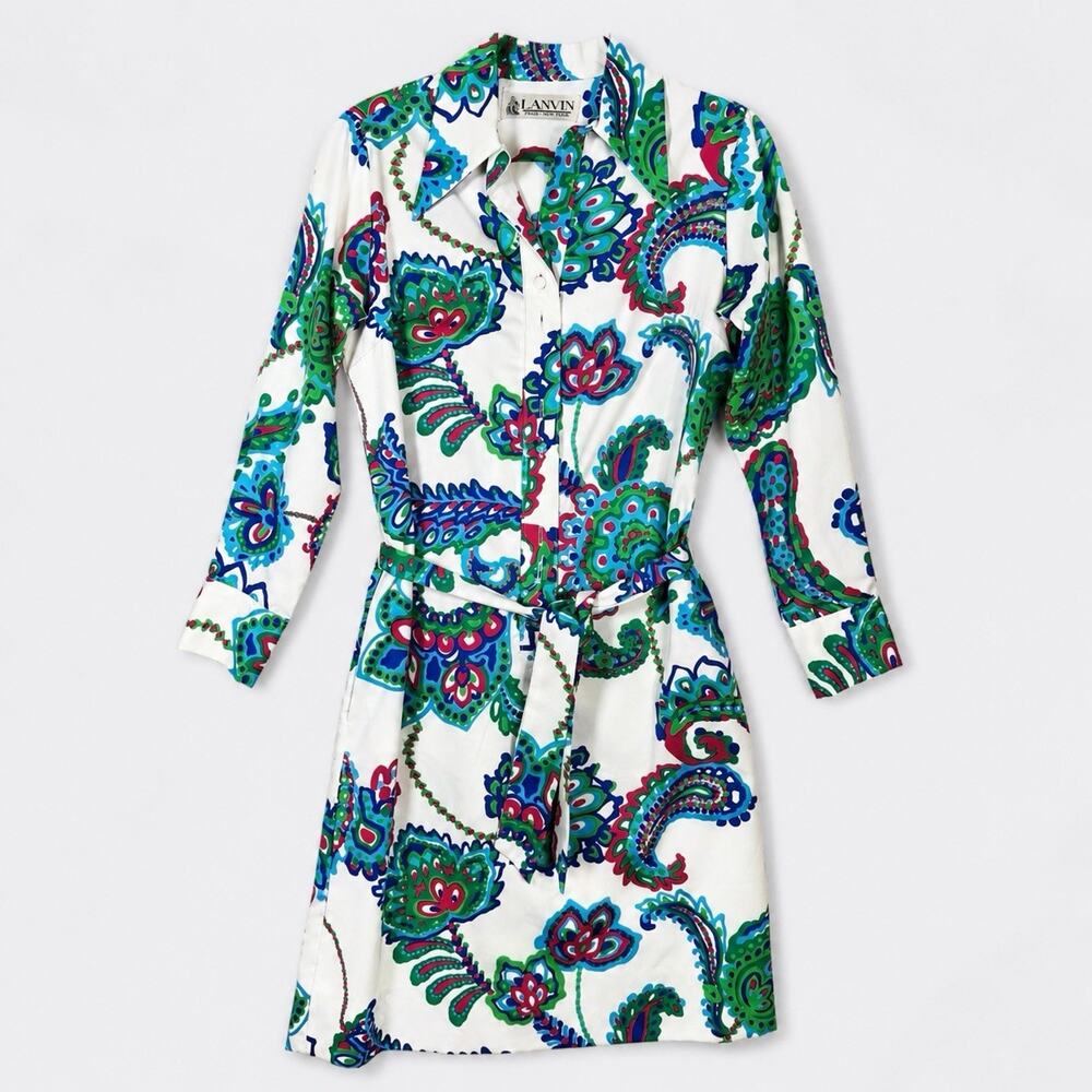Lanvin Paris New York VTG Shirt Dress White Paisley Belted Women Size 8 Washable